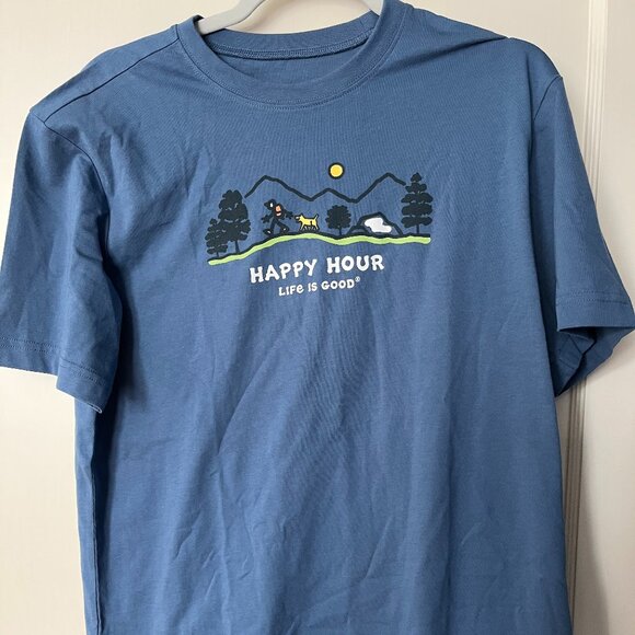 NWT Life Is Good Hiking Dog Mountain Happy Hour Blue T-Shirt Size S Top - Picture 1 of 4